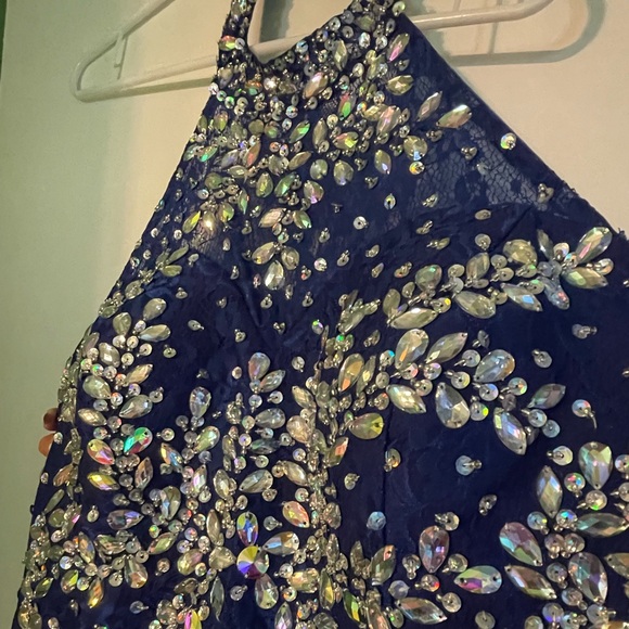 Navy Blue Rhinestone Long Halter Dress - Picture 2 of 6